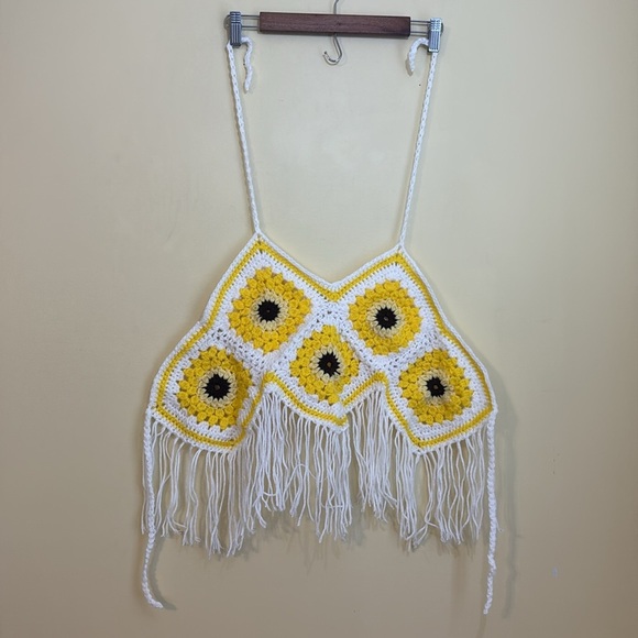 Handmade Crochet Sunflower Yellow Fringe Granny Square Festival Crop Top Med/L - Picture 3 of 10